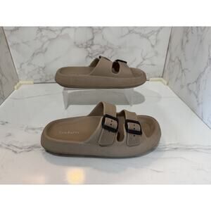 BenSorts Pillow Sandals for Women Men Thick Sole Adjustable Buckle Tan and Black